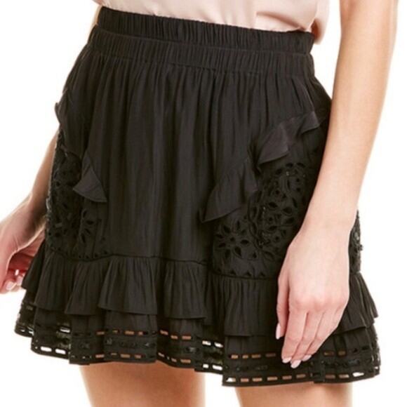 Ramy Brook Brit Mini Skirt Black Ruffled Eyelet Elastic Waist Lined S - Picture 1 of 6
